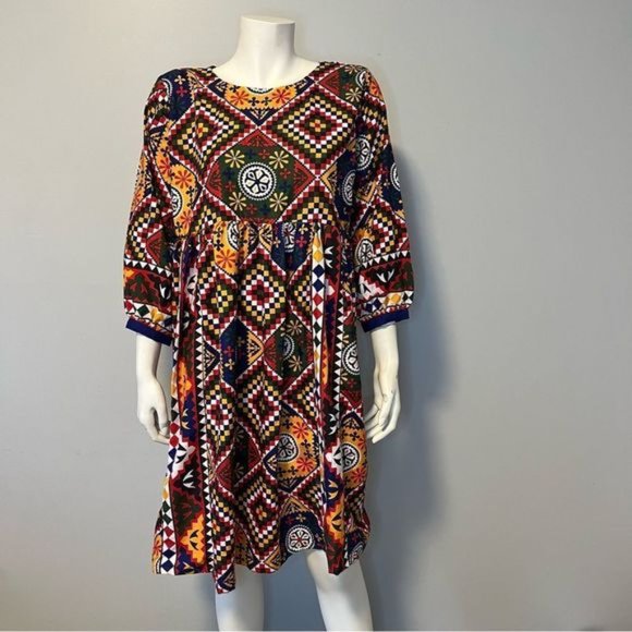 Hand Crafted Quilted Patchwork Printed Dress Bold Bright color One size - Picture 1 of 14